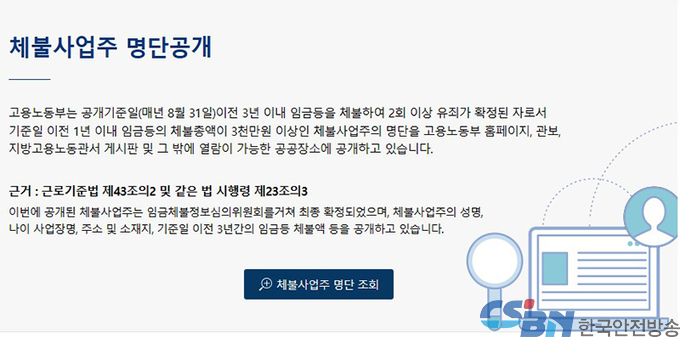 고액임금 상습체불 사업주 172명 공개…“308명에 신용제재”